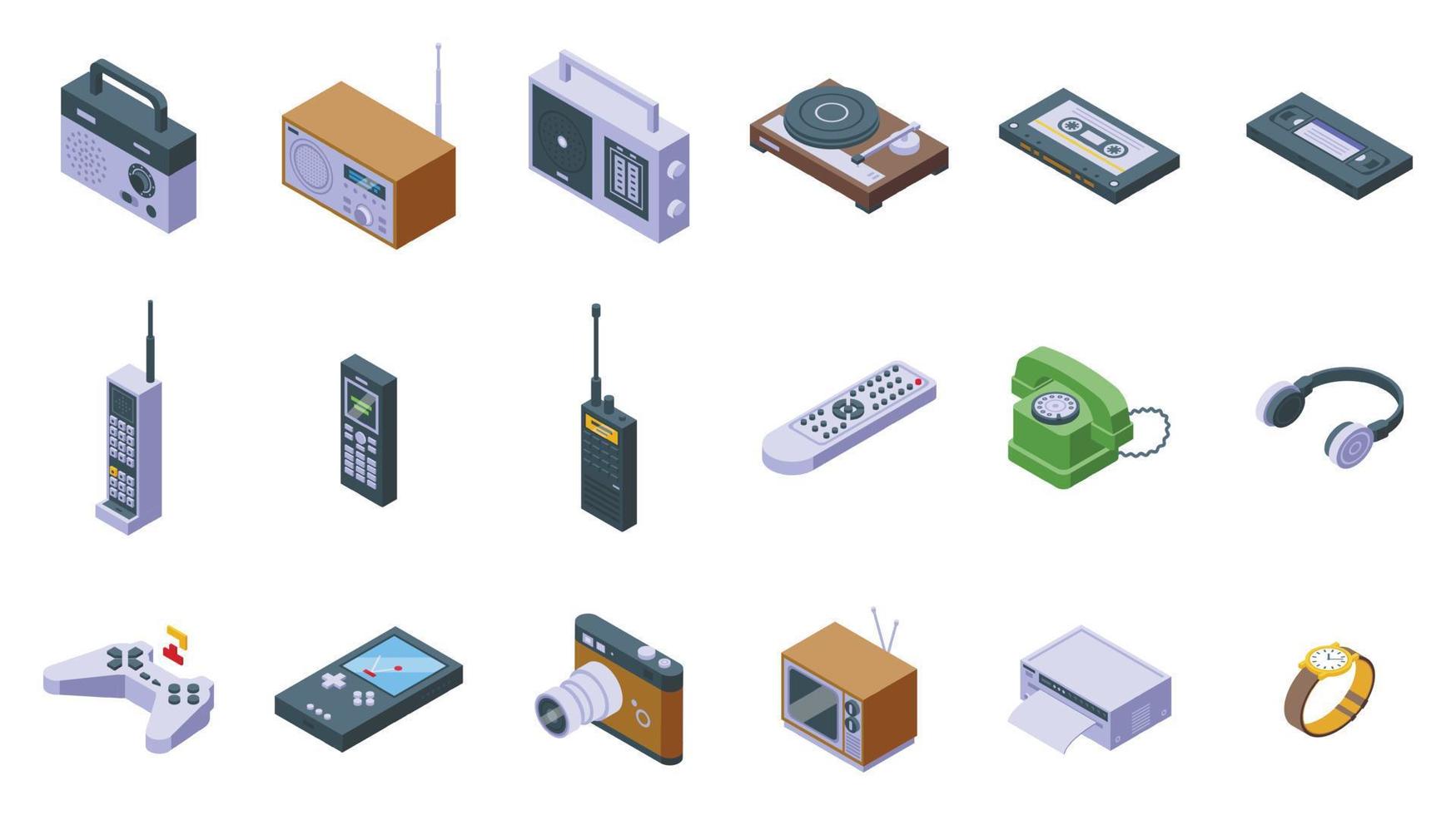 Analogue technology icons set isometric vector. Audio button vector