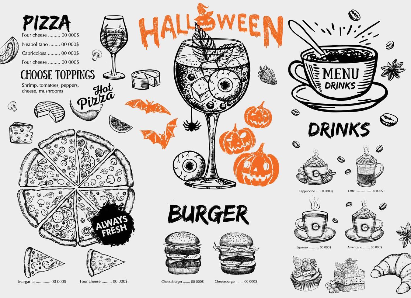 menú de cafetería restaurante, diseño de plantilla, menú de halloween, volante de comida. vector