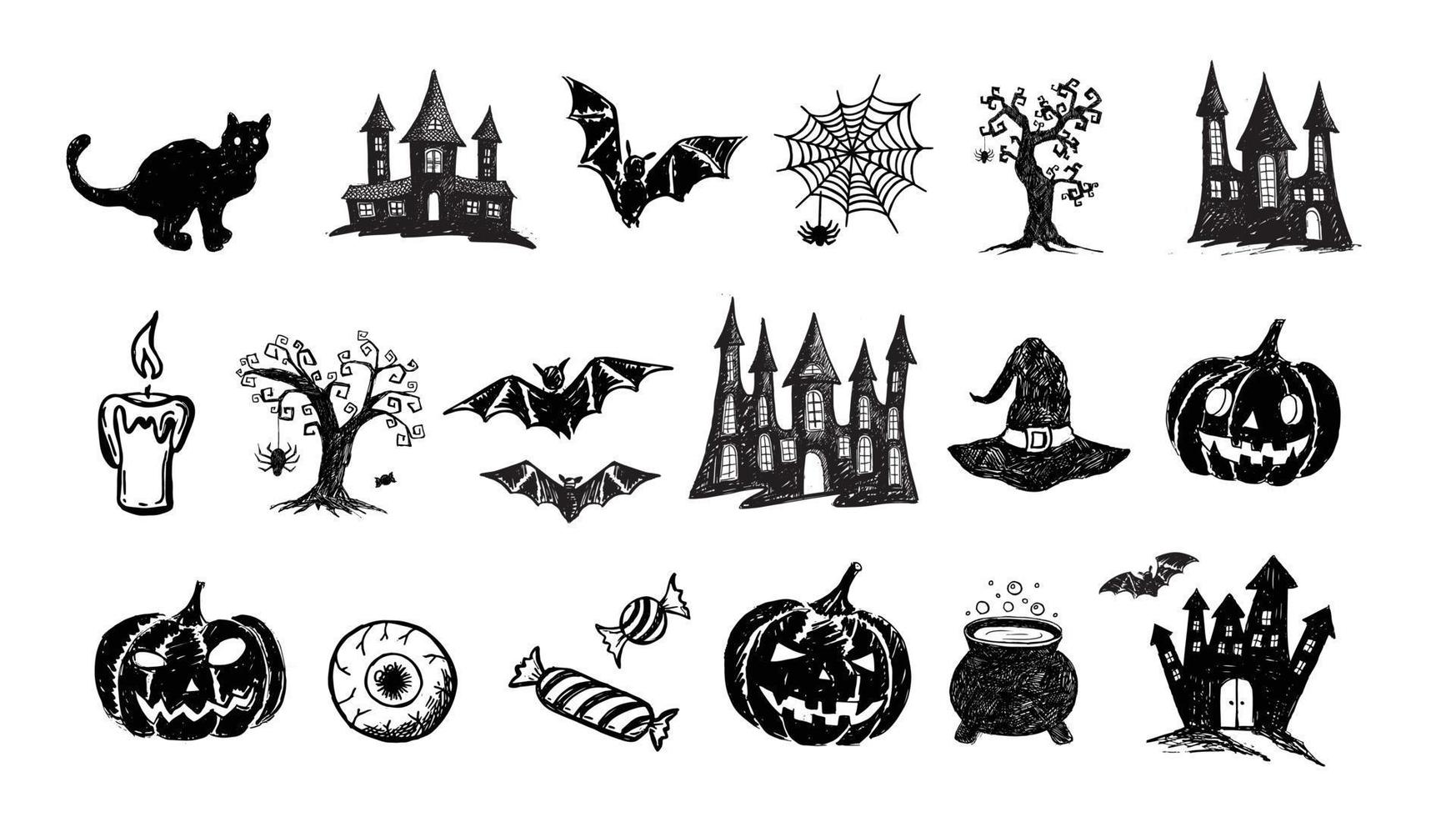 Halloween symbols hand drawn illustrations vector