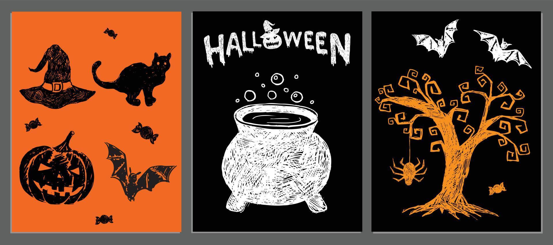 Halloween symbols hand drawn illustrations vector