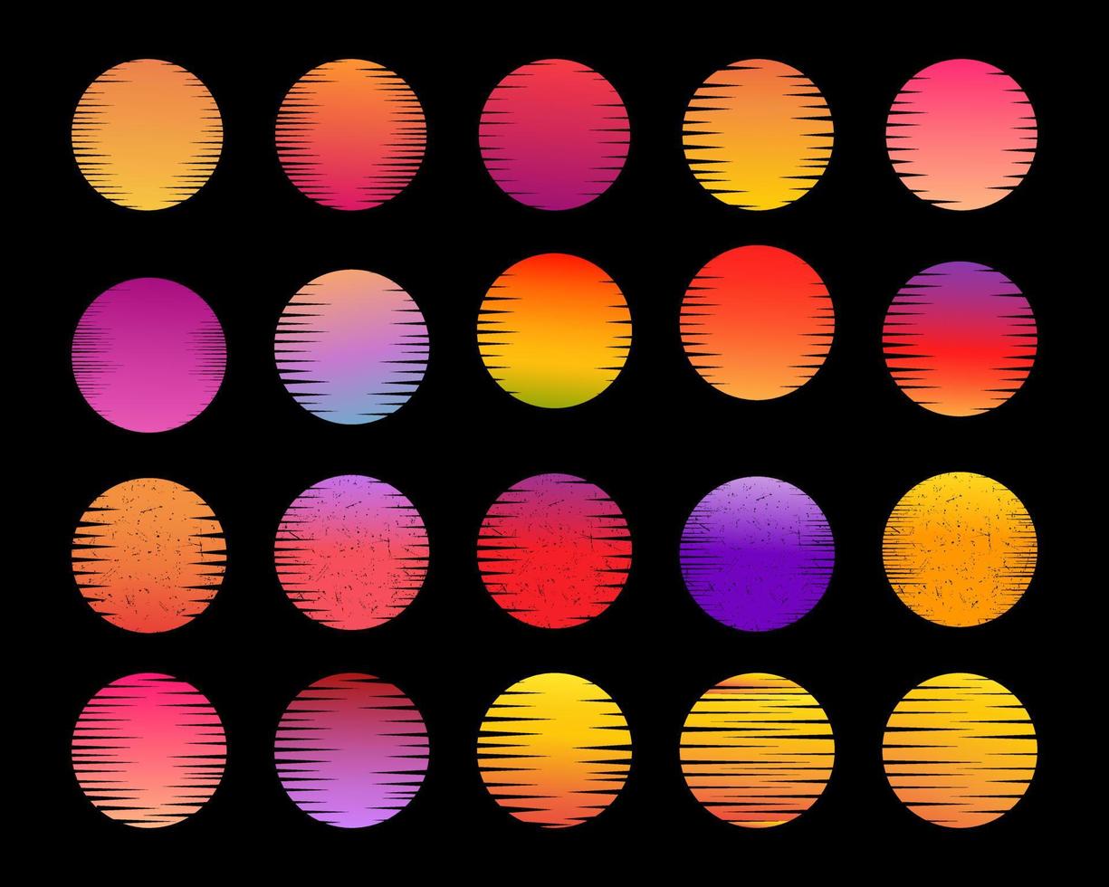 Retro sun circles. Vintage striped sunset and retro sunrise gradient lines with grunge texture vector set