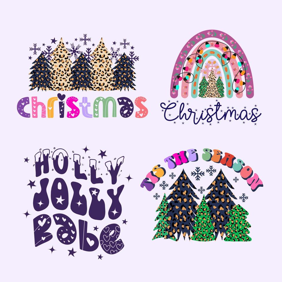 Merry Christmas lettering designs. Christmas tree illustrations. Merry Christmas and Happy New vector