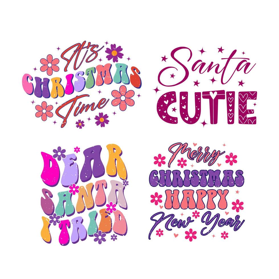 Merry Christmas lettering designs. Christmas tree illustrations. Merry Christmas and Happy New vector