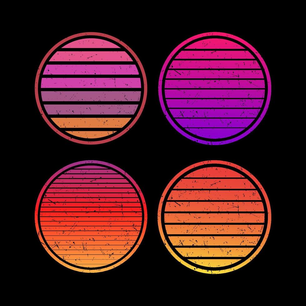 Vintage sunset collection in 70s 80s style. Regular and distressed retro sunset set. Five options with textured versions. Circular gradient background. T shirt design vector
