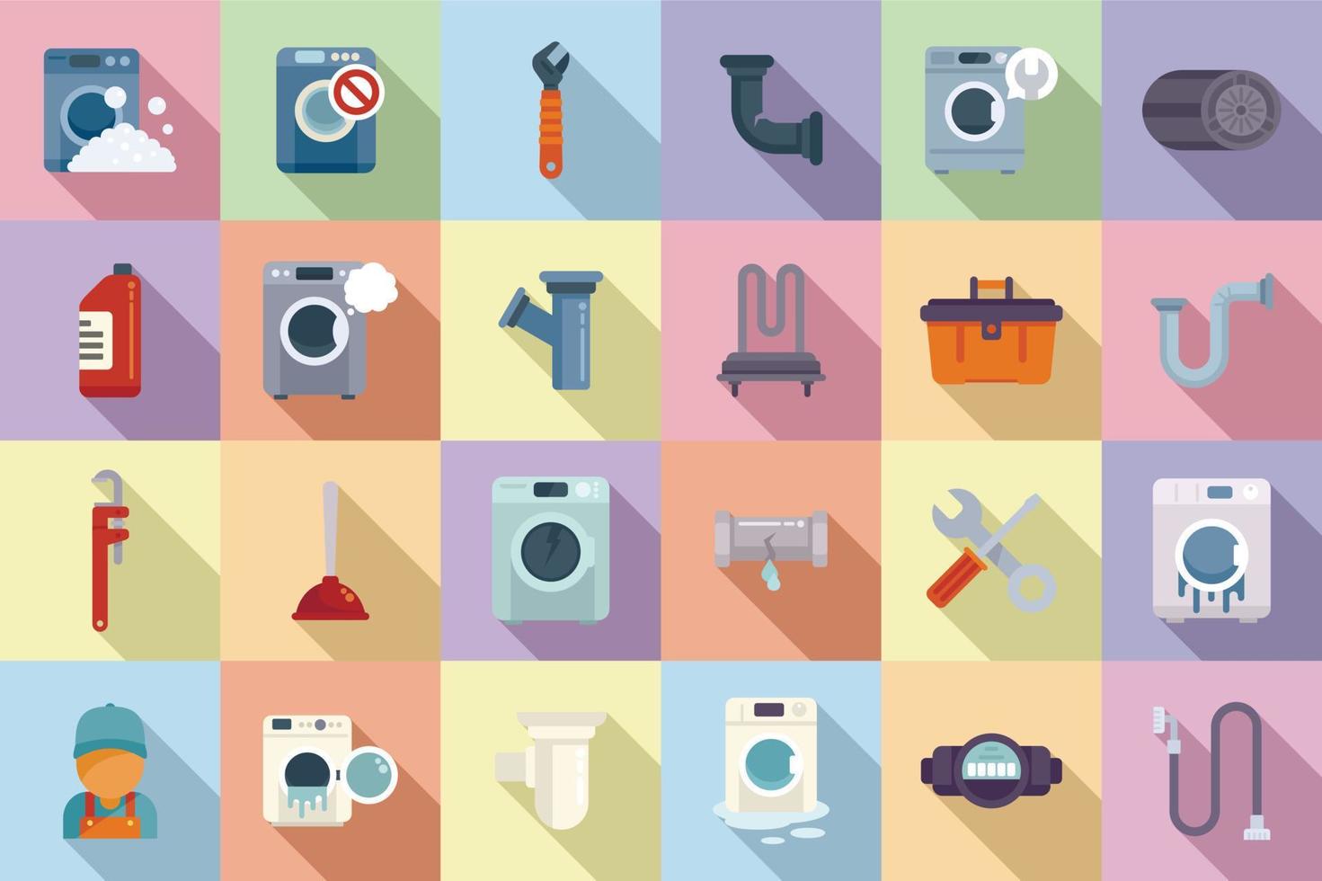 Washing machine repair icons set flat vector. Broken appliance vector