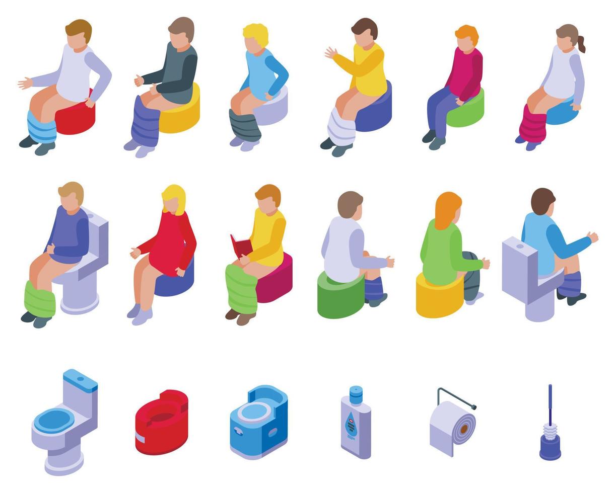 Baby sitting on the toilet icons set isometric vector. Potty toilet vector