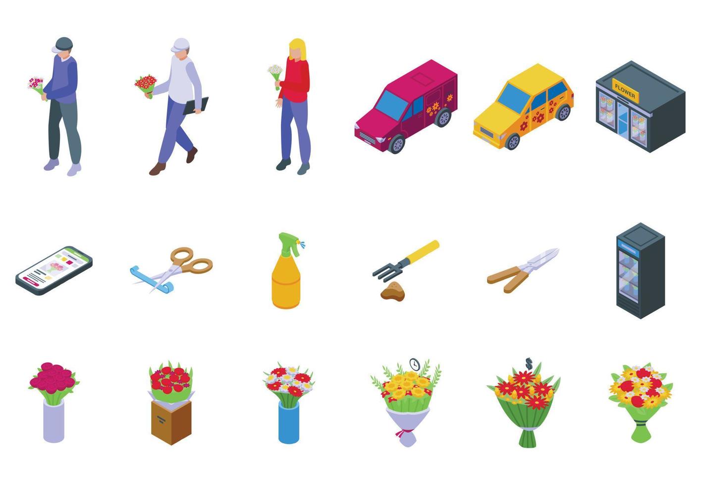 Flower delivery icons set isometric vector. Flower delivery vector