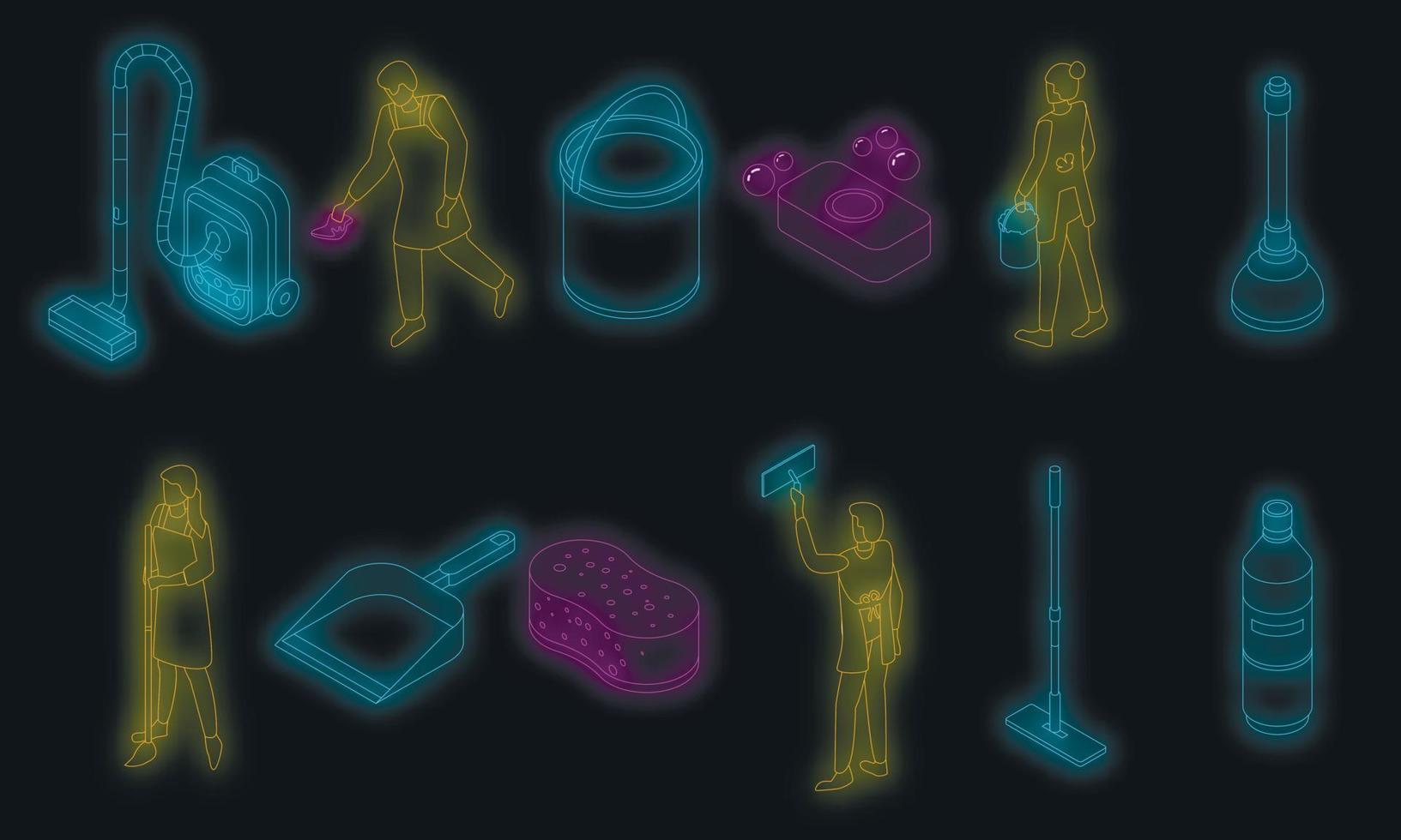Cleaner equipment icons set vector neon