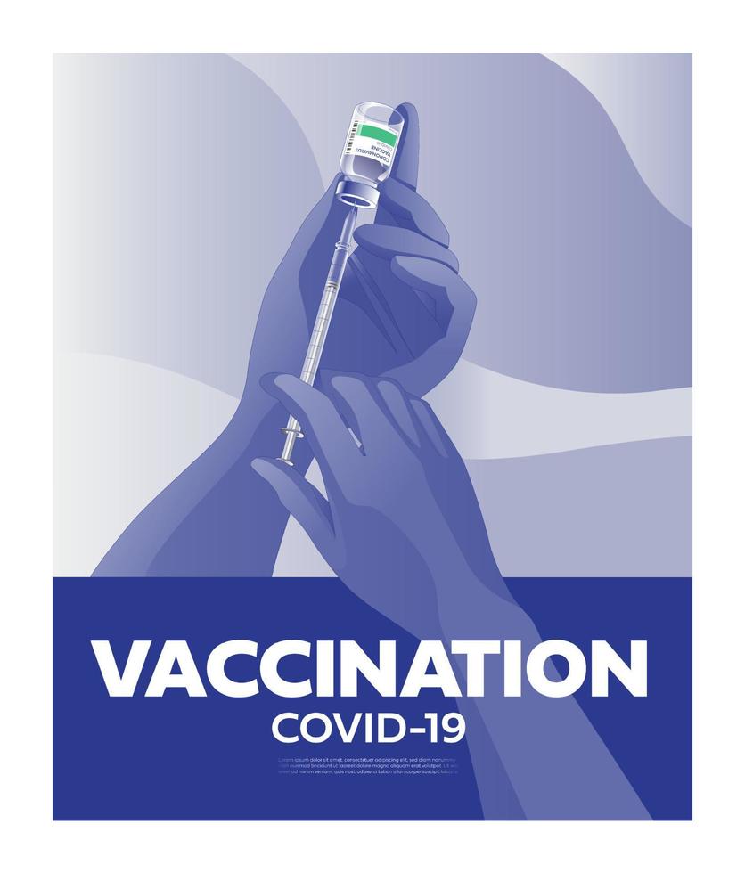 diseño creativo para el fondo de la pancarta de la vacuna contra el coronavirus. Vacunación contra el virus de la corona covid-19 con botella de vacuna y herramienta de inyección de jeringa para el tratamiento de inmunización covid19. ilustración vectorial vector