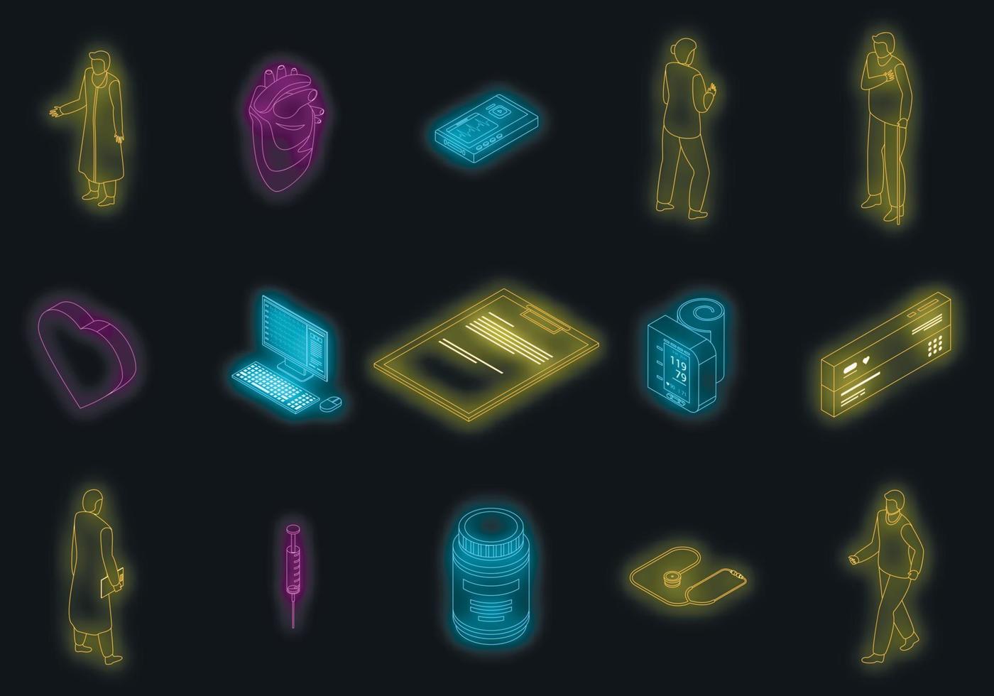 Cardiologist icons set vector neon