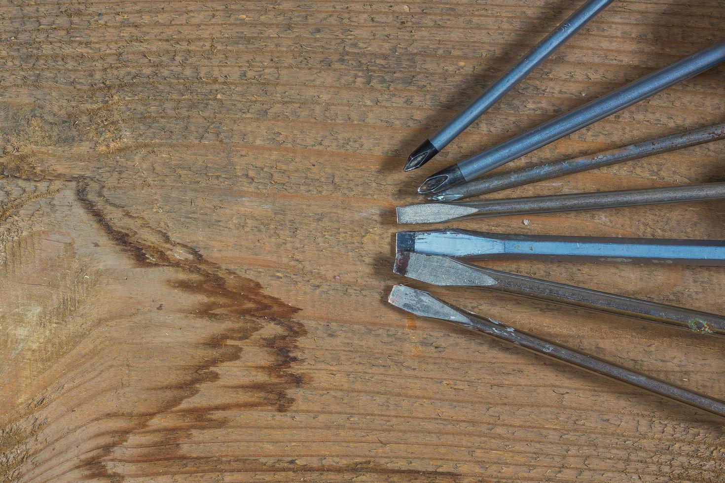 Different tools on a wooden background. Different screwdrivers photo