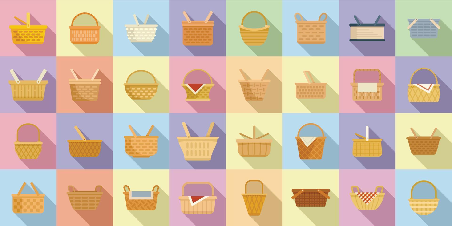 los iconos de la cesta de picnic establecen un vector plano. cesta de frutas