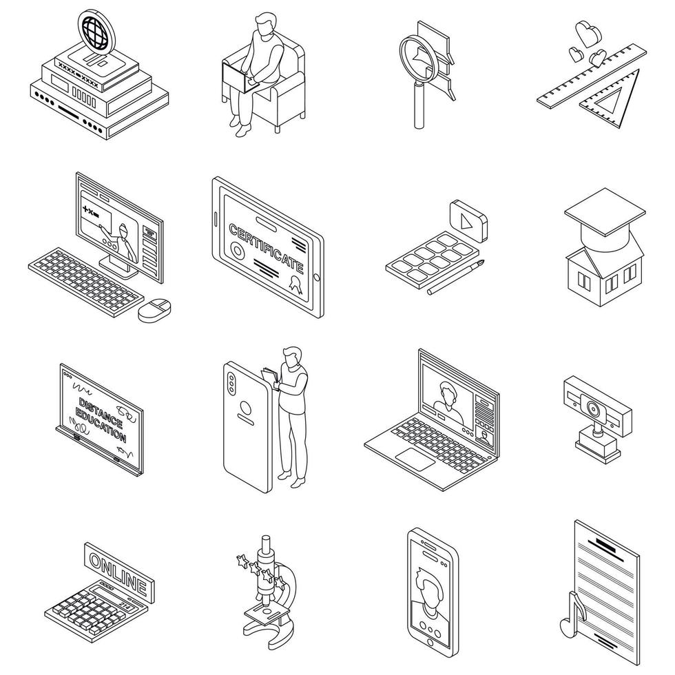 Distance education icons set vector outline