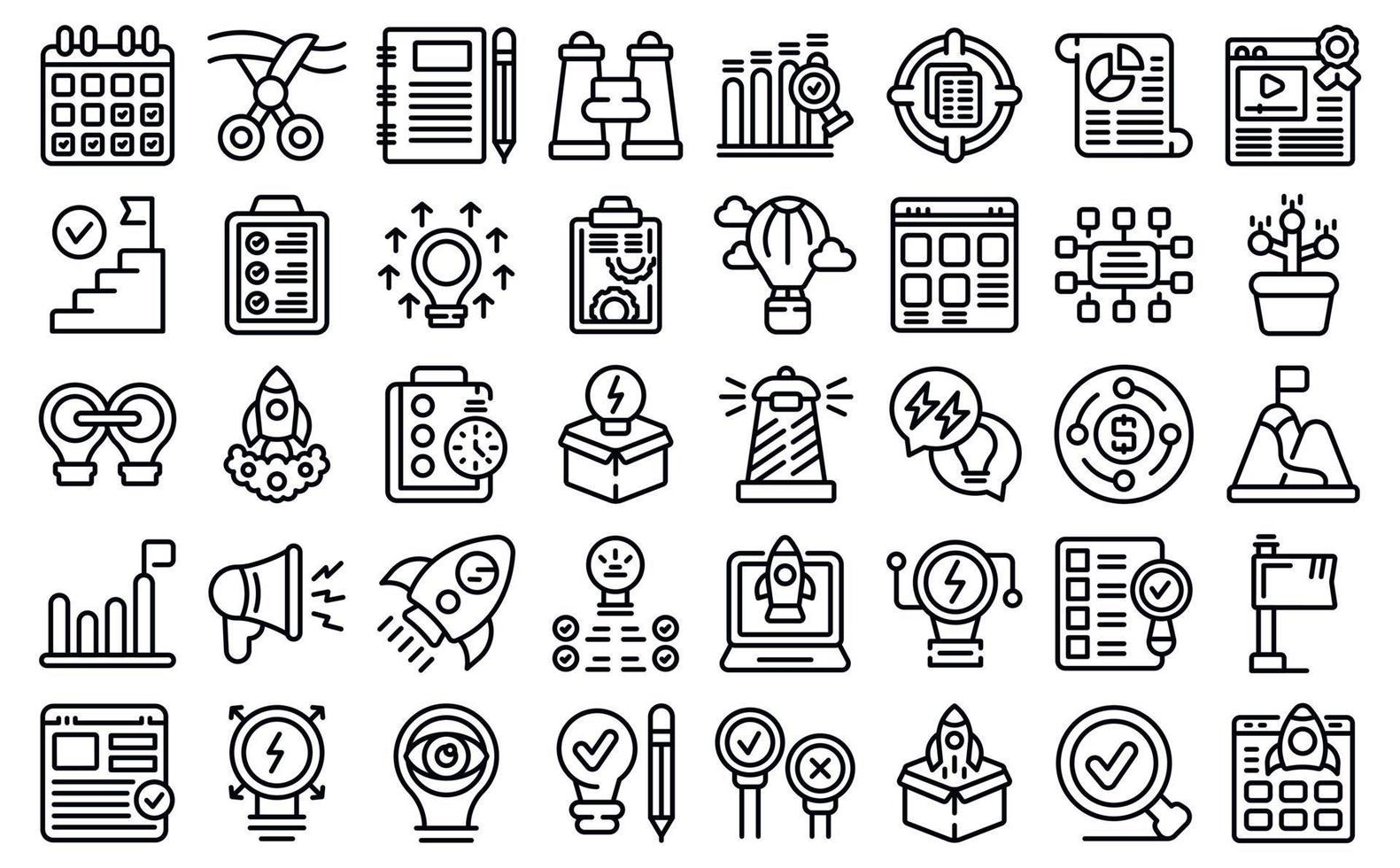 Launch project icons set outline vector. Rocket boost vector