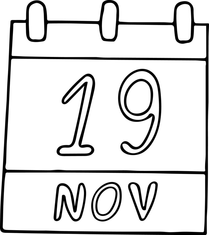 calendar hand drawn in doodle style. November 19. International Mens Day, World Philosophy, Toilet, date. icon, sticker element for design. planning, business holiday vector