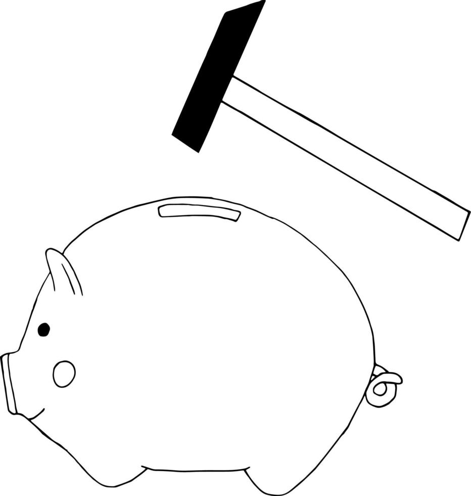 hucha e icono de martillo, pegatina. boceto estilo garabato dibujado a mano. minimalismo monocromático. dinero, ahorros, monedas vector