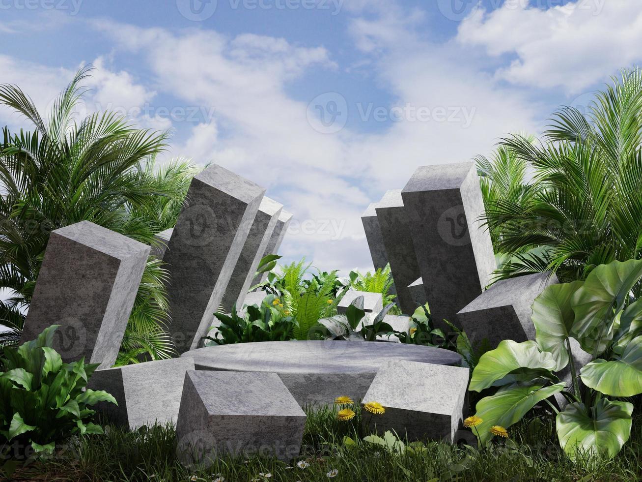 el podio de hormigón en el bosque tropical para la presentación del producto detrás es una vista del cubo de hormigón. representación de ilustración 3d foto