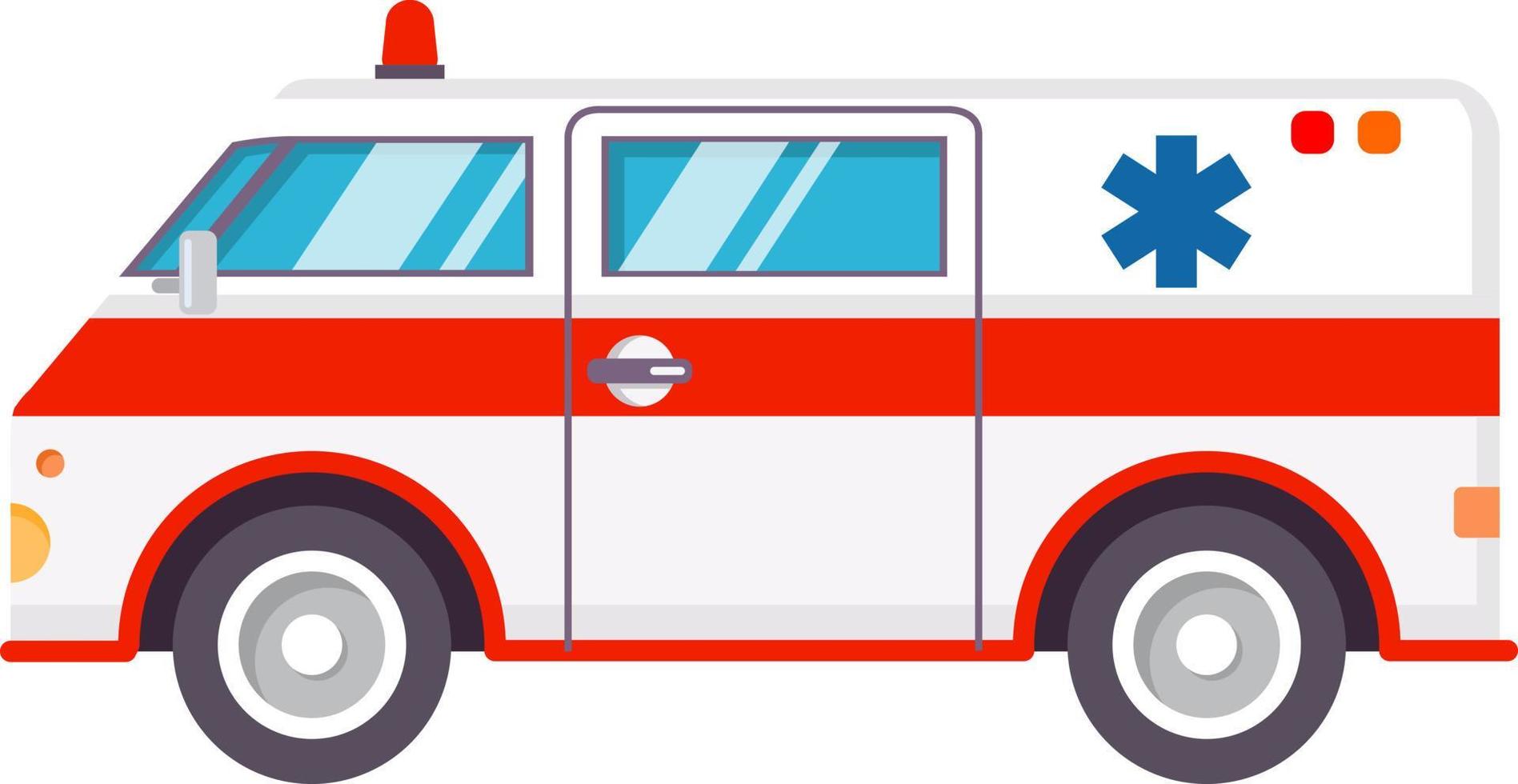 Ambulance car.Hospital transport medical care clinic.Urgency and emergency service vehicle.Vector in flat style.The van with signal lights. vector