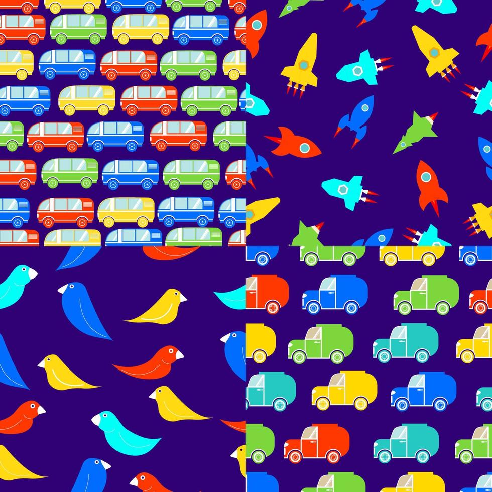Children's seamless patterns buses,van trucks, SUV, birds, rocket,toy cars. A concept design ornament of packing gift wrapping paper,a website background, wallpaper for the nursery. flat a vector