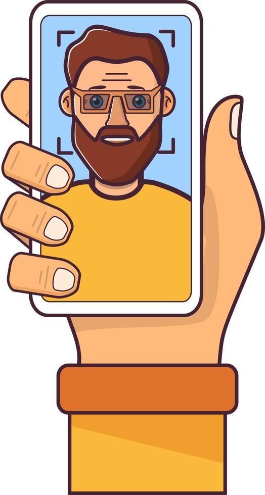 Facial recognition.Face ID.Human hand holding smartphone.Man young with a beard.Flat vector line art.Isolated on white background.