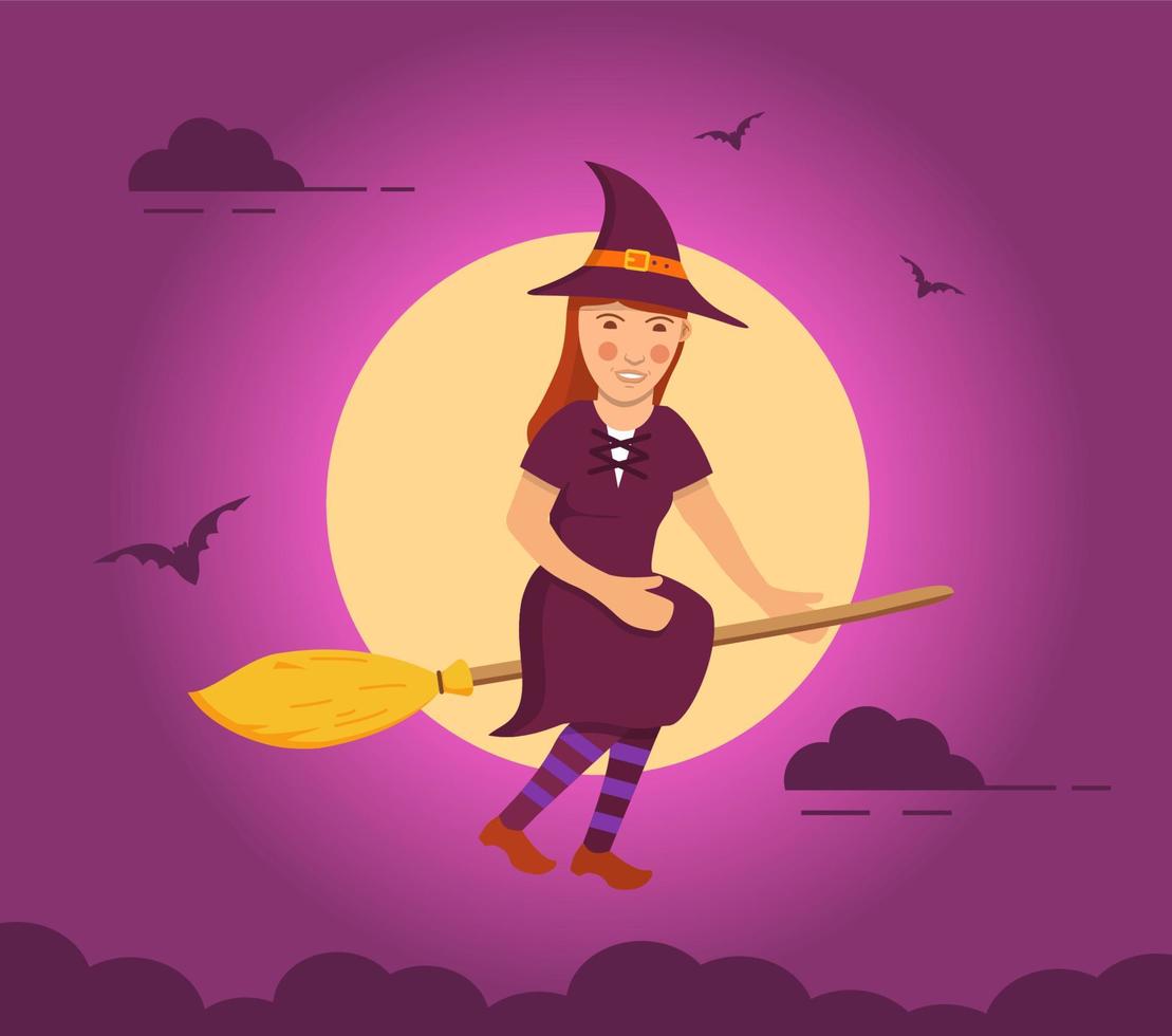 Witch flying on broomstick background of a full moon. Purple dark night sky.Holiday Halloween bat flat vector. vector