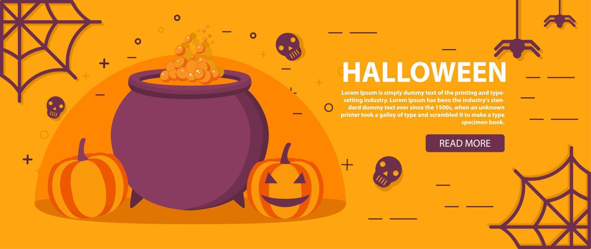 Happy Halloween .Horizontal banner flat vector.Spider web,skull.Witch's cauldron icon,smiling pumpkins.Website banner concept. vector