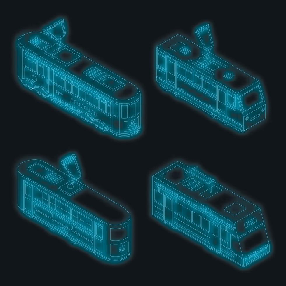 Tram car icon set vector neon