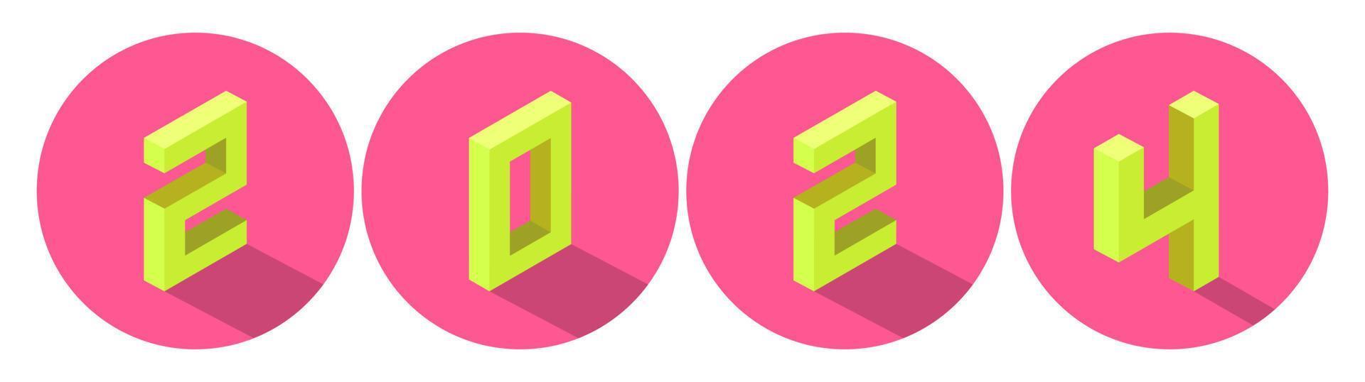 New Year yellow color 2024 in pink circle design. Isometric style. vector