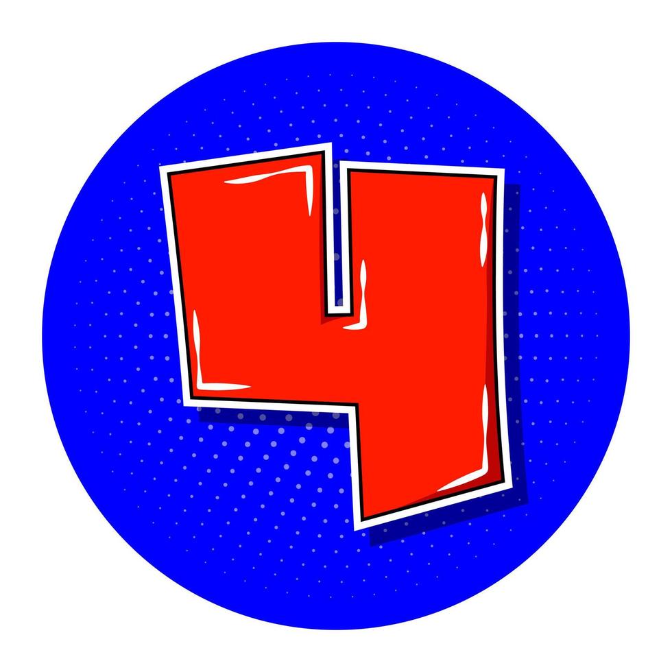 Pop art red number 4 over blue dotted circle. vector