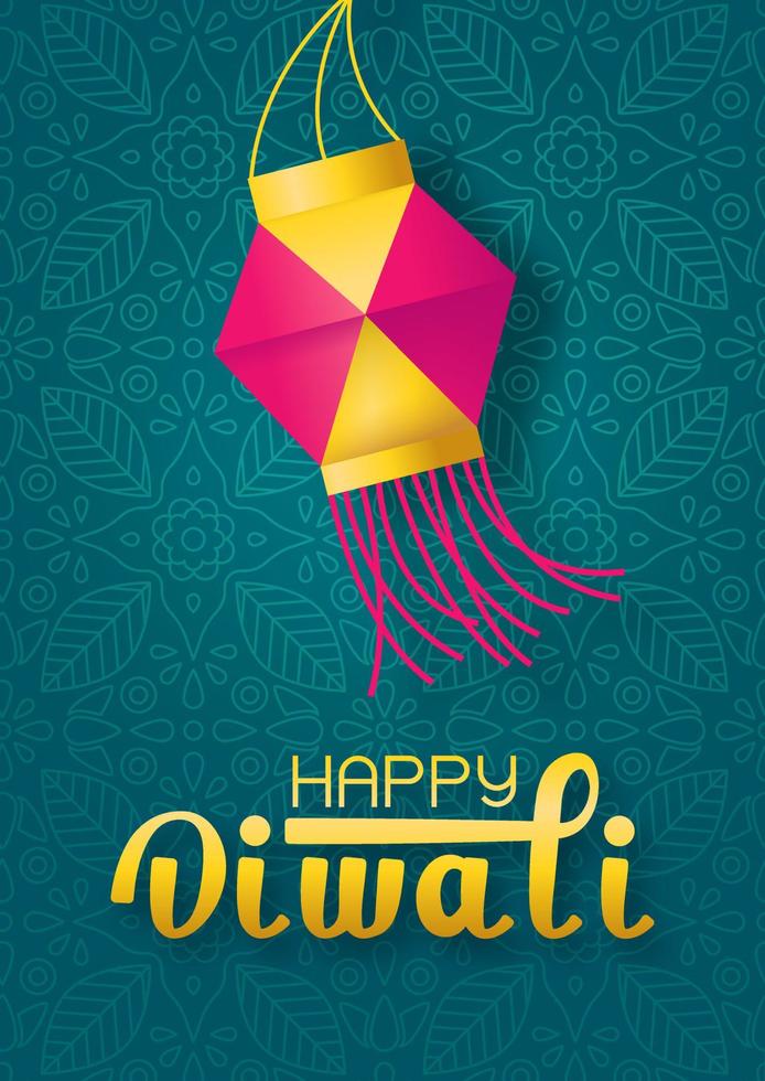 Concept festival Diwali with paper lantern and lettering happy Diwali on green indian background vector