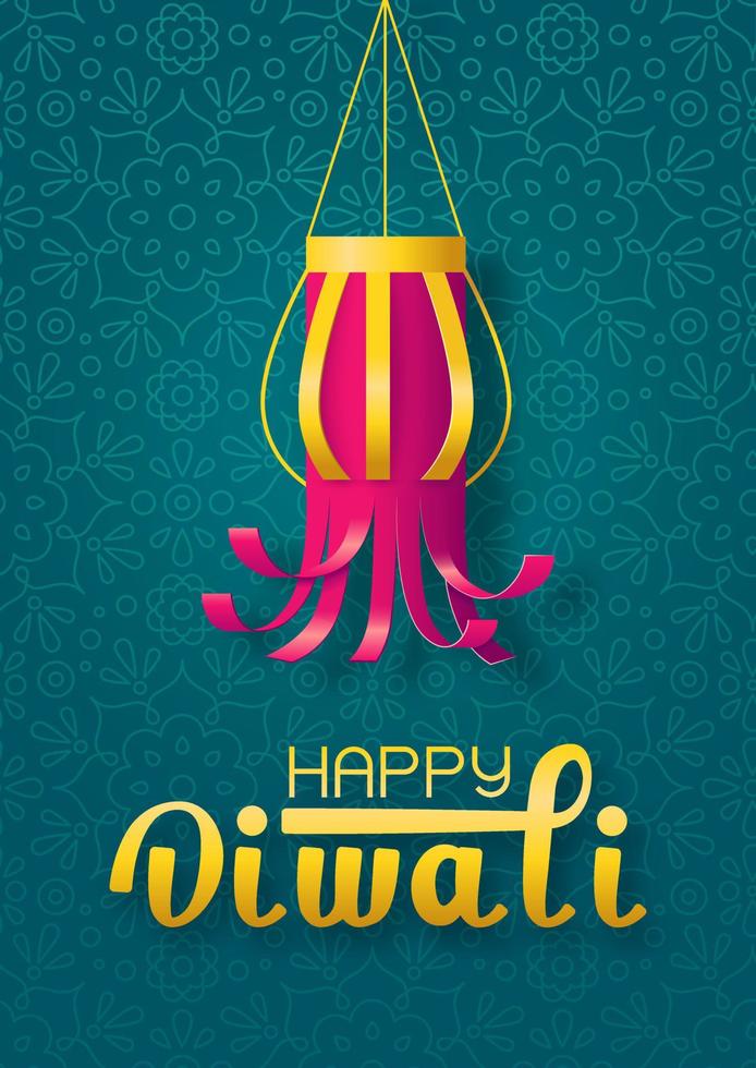 Happy diwali concept with handmade paper lantern on green background with mandala vector