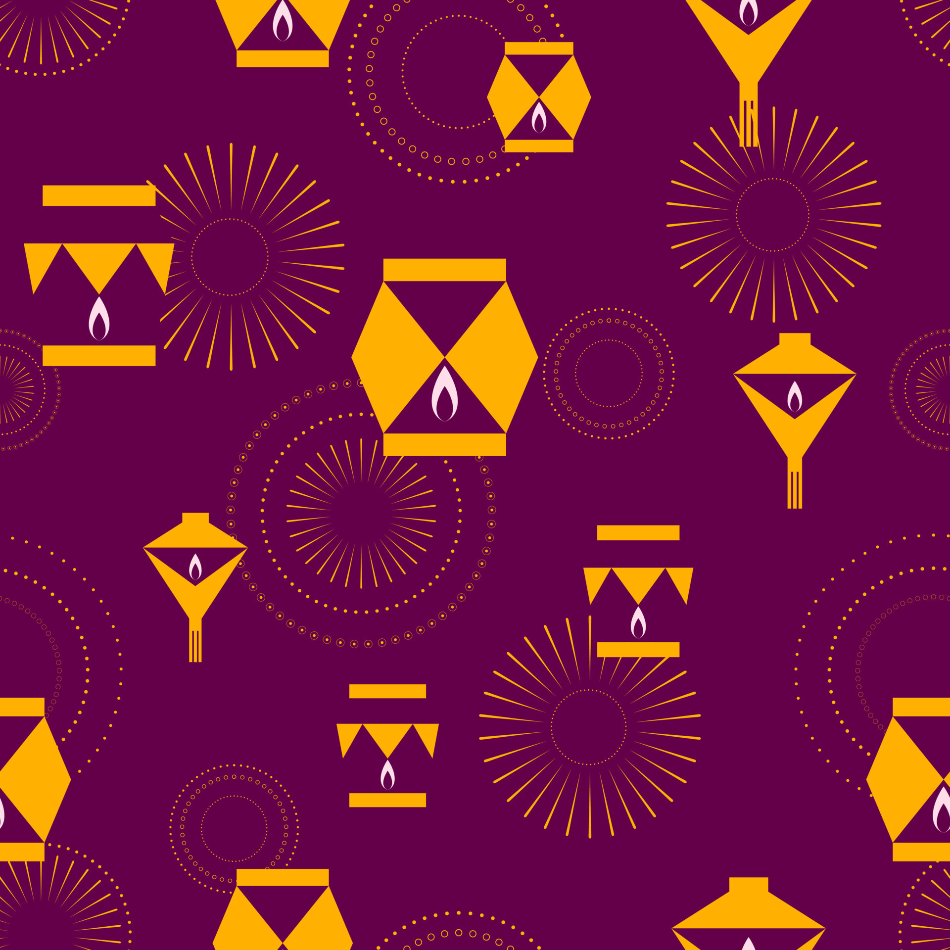 Sky paper lanterns in the night sky with fireworks seamless pattern in