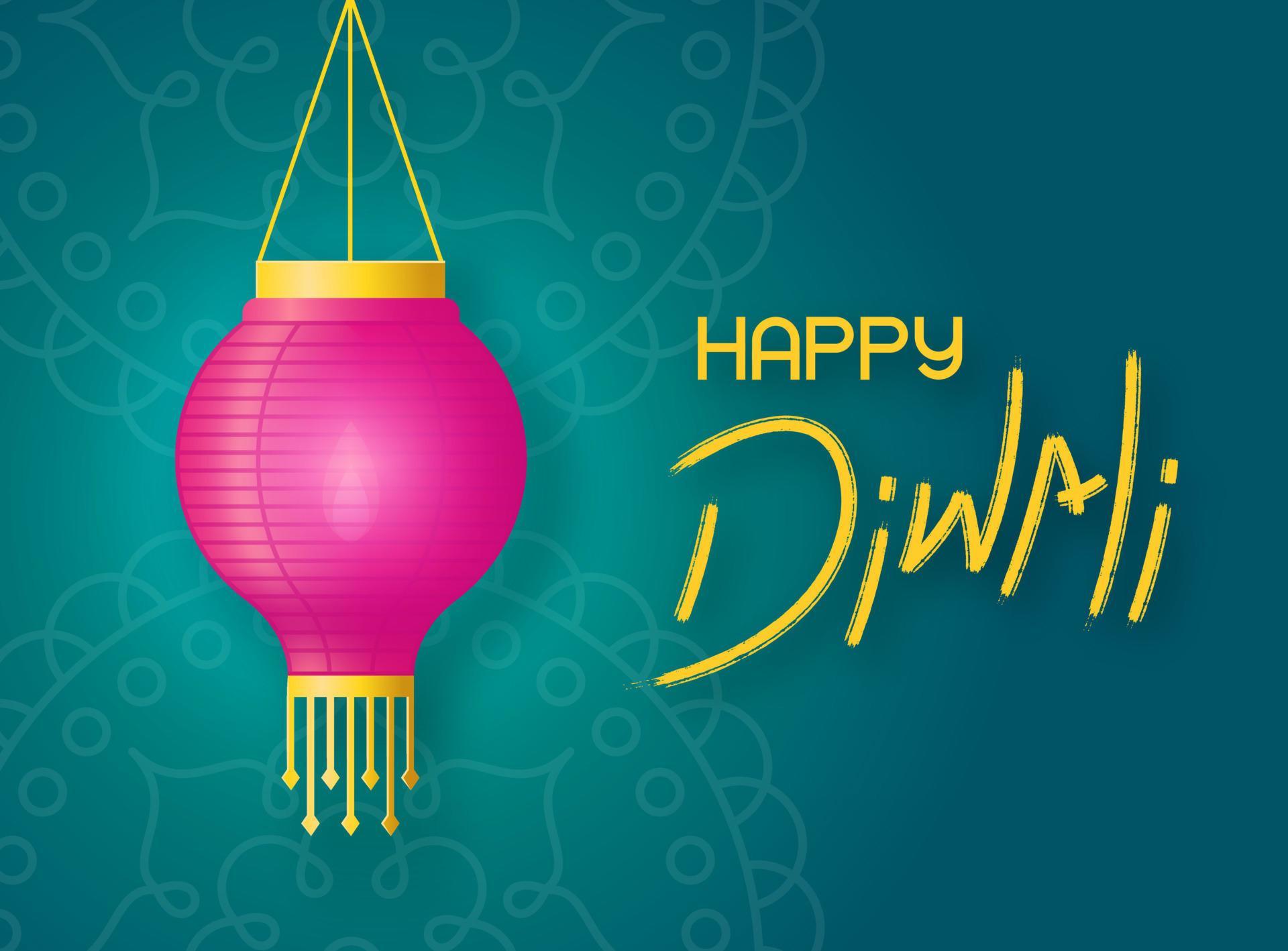 Paper lantern with fire hangs on the background green rangoli. Concept banner happy diwali with