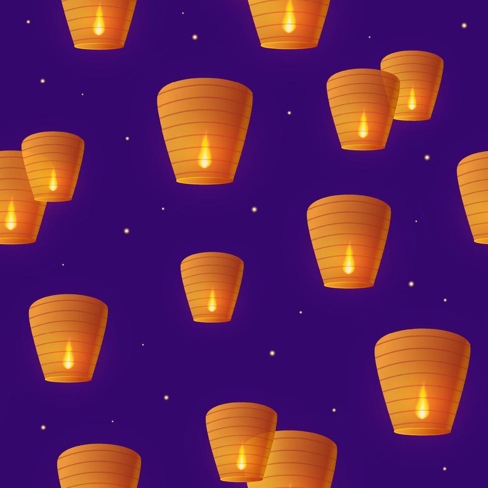 Sky paper lanterns in night starry sky seamless pattern vector