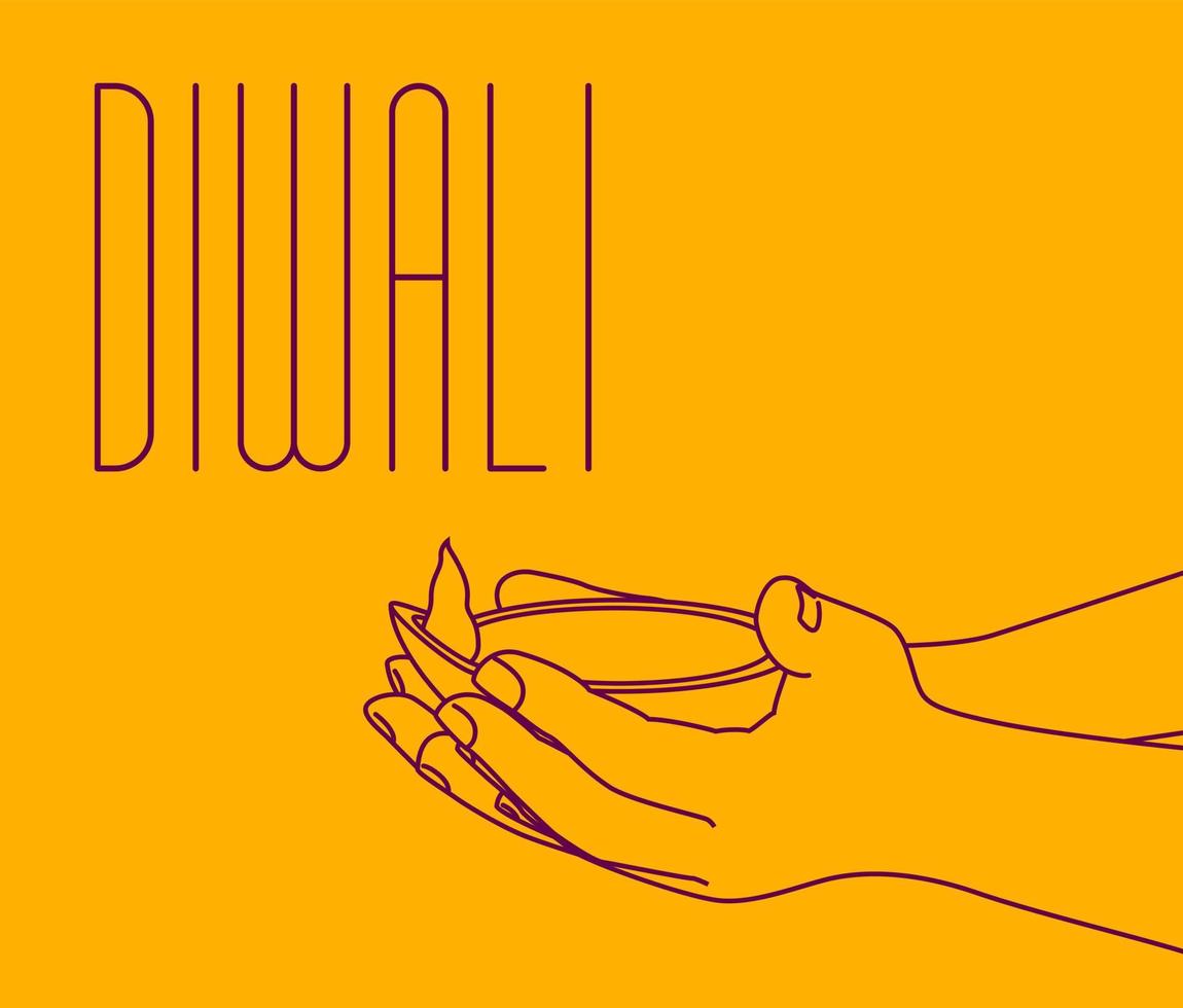 manos sosteniendo lámpara de aceite diya y texto diwali estilo de contorno vector