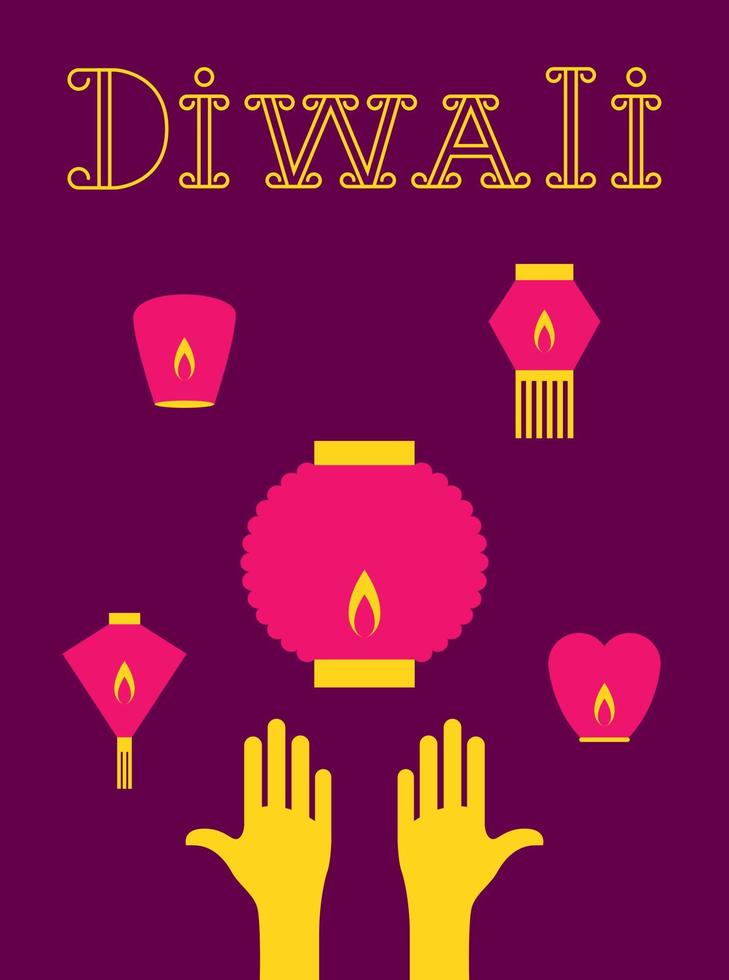 Concept holiday Diwali with hands launch sky lanterns, in modern simplified style vector