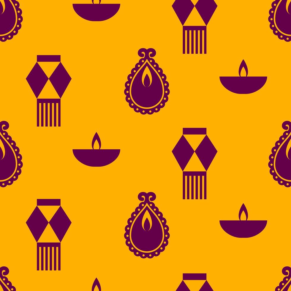 Seamless pattern with decoration for holiday Diwali, diya oil lamp, sky lantern and hanging paper lantern vector