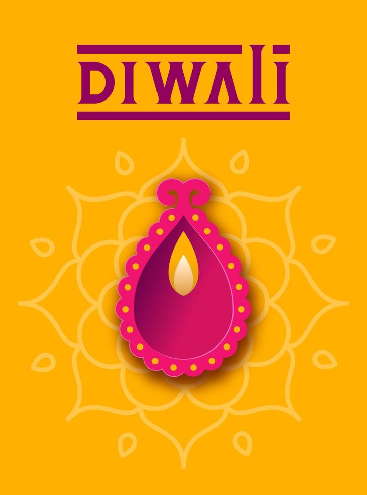 Diya diwali view from the top on rangoli yellow background with lettering text Diwali in modern style vector