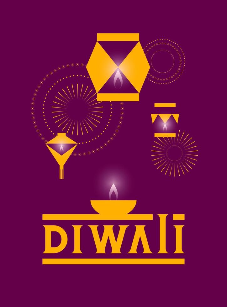 afiche para el festival diwali con farolillos, fuegos artificiales y lámpara de aceite diya en estilo moderno simplificado vector
