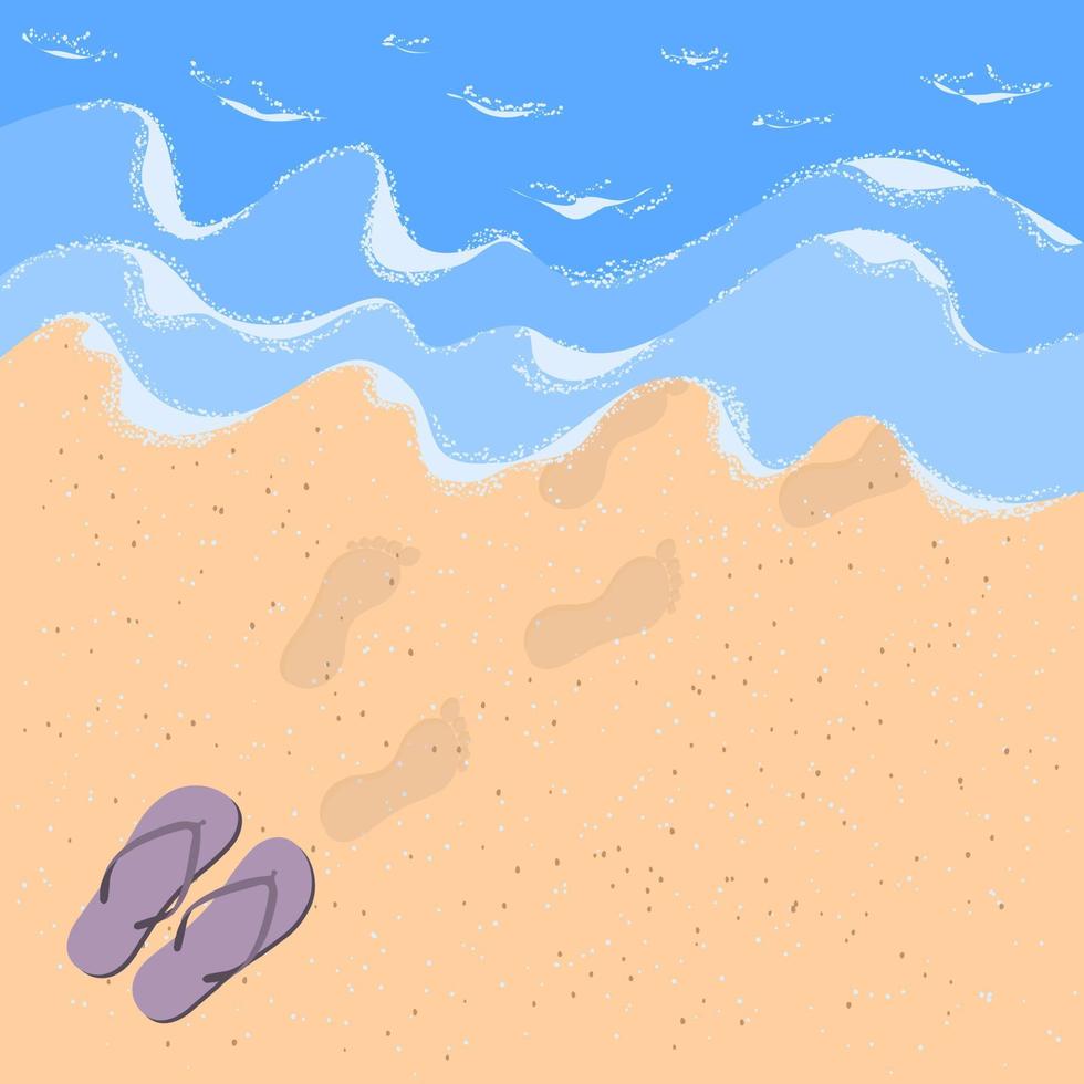 chanclas y pasos en la arena junto al mar. playa de arena con olas, espuma de mar y chanclas con huellas humanas en la arena.concepto de vacaciones de verano en la playa de arena del océano. vector