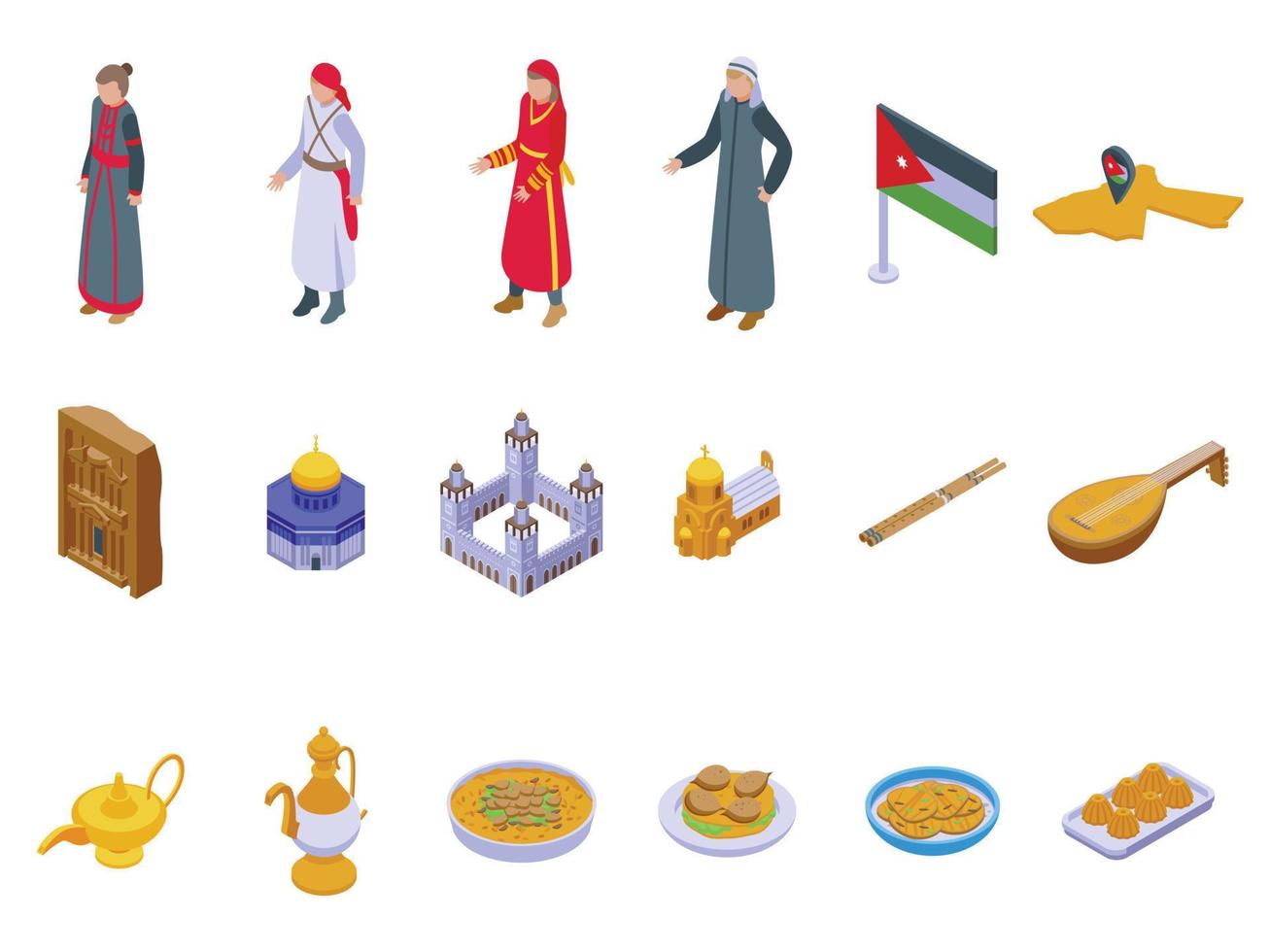 Jordan icons set isometric vector. Flag map vector