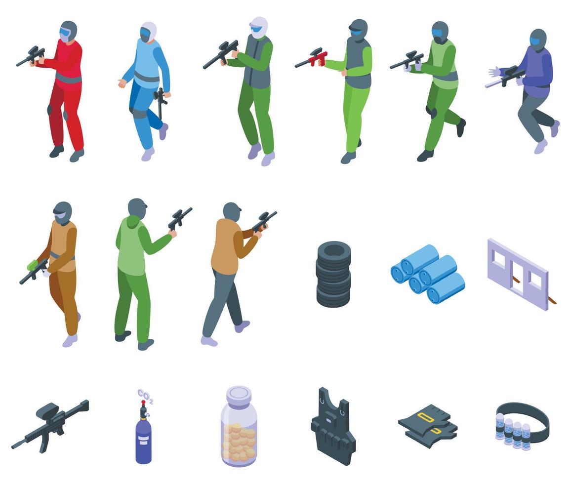 Paintball icons set isometric vector. Action player vector