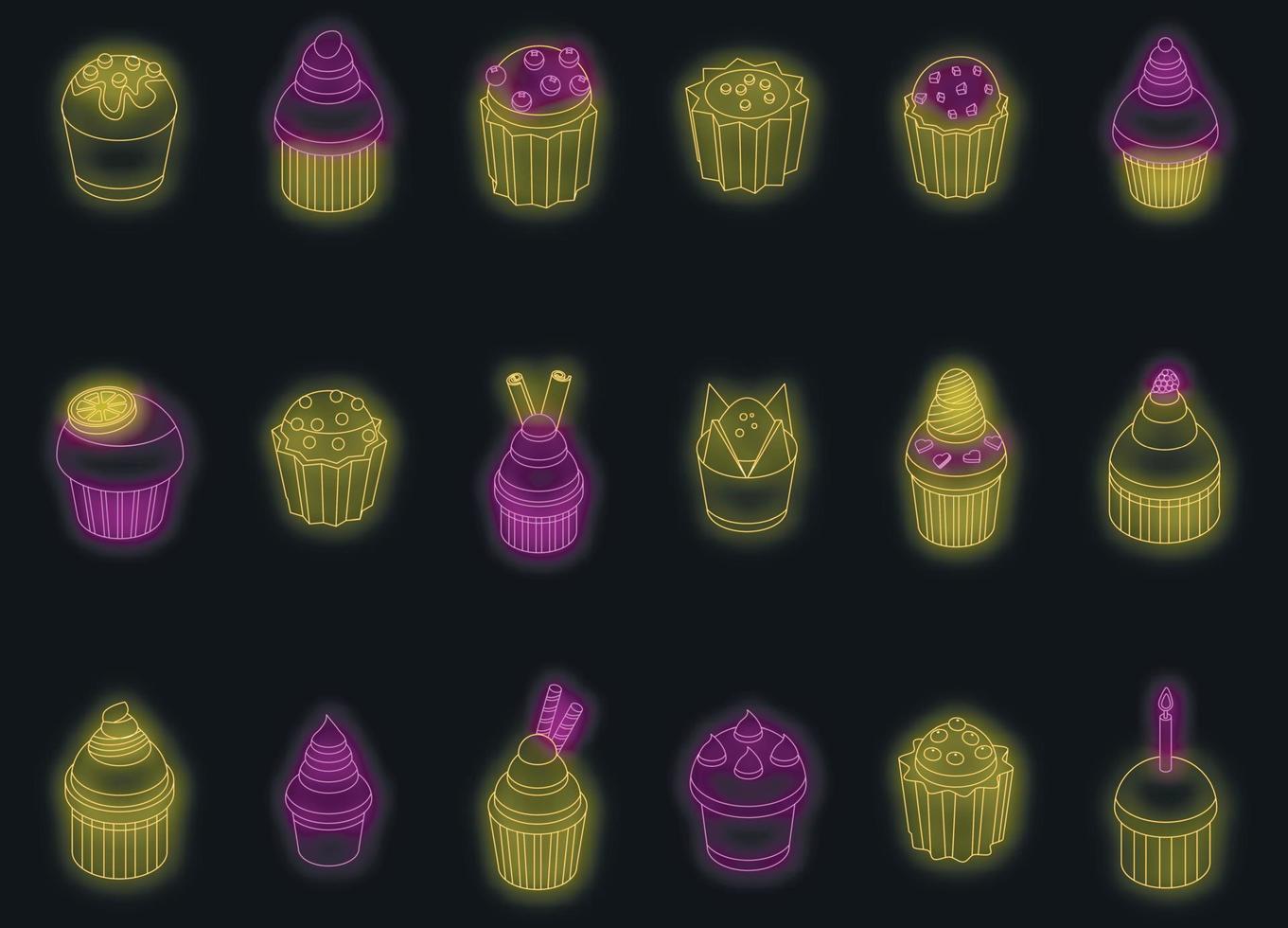 muffin, iconos, conjunto, vector, neón vector