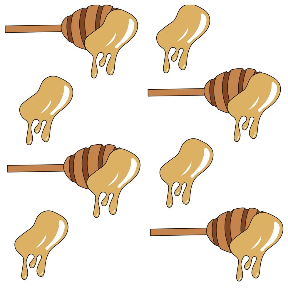 Honey spoon with dripping drops of honey in cartoon style. Seamless