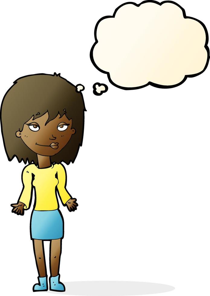 cartoon woman shrugging shoulders with thought bubble vector