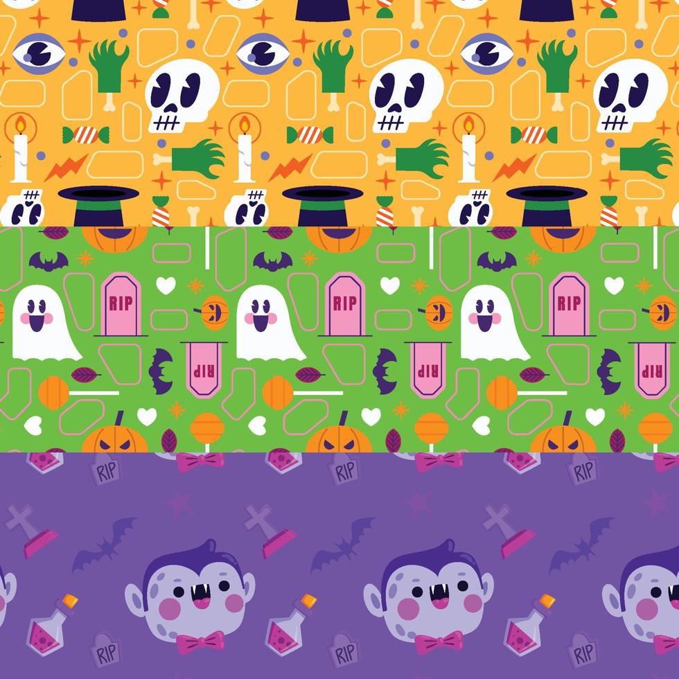 collection of three halloween design vector seamless pattern