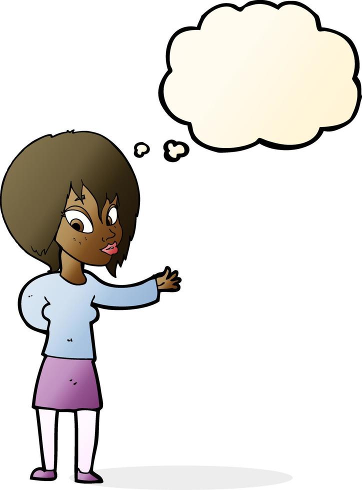caricatura, mujer, elaboración, bienvenida, gesto, con, burbuja del pensamiento vector