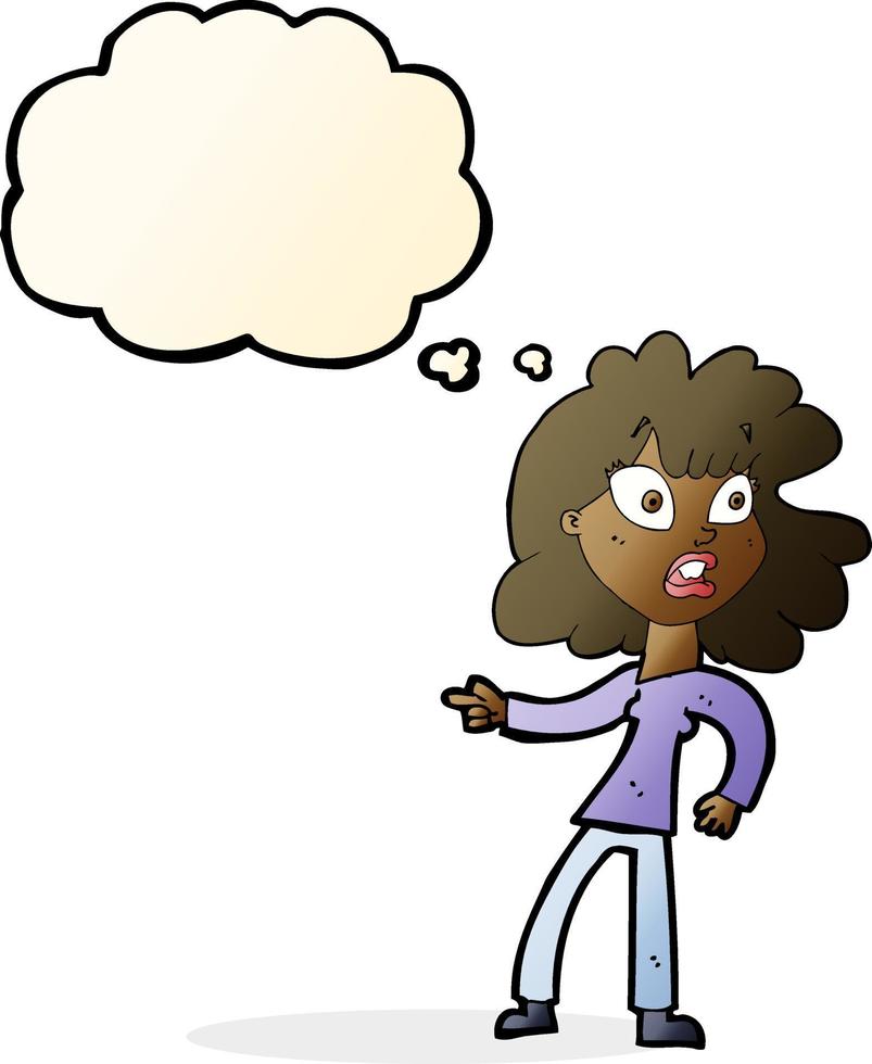 cartoon worried woman pointing with thought bubble vector