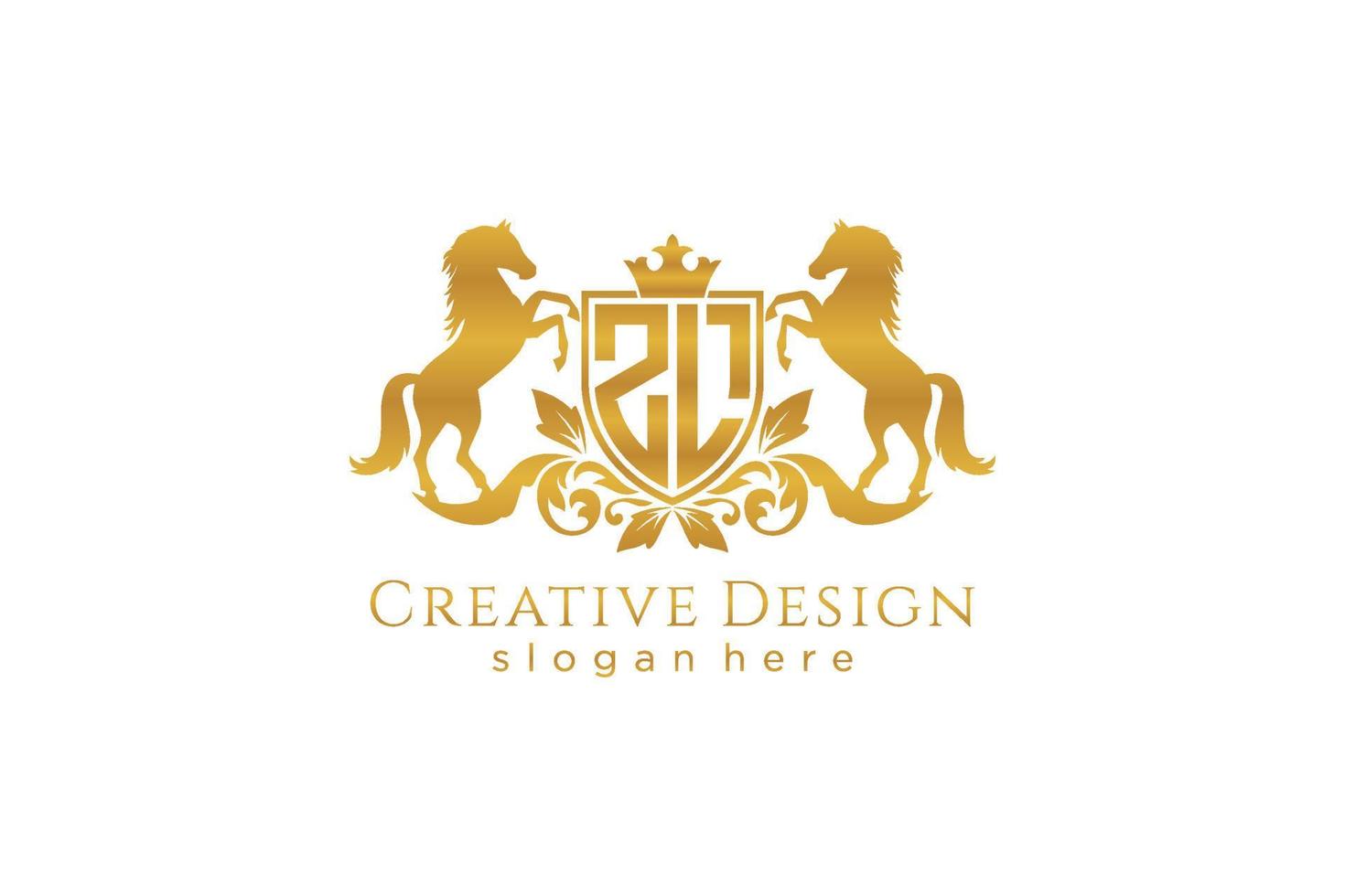 initial ZL Retro golden crest with shield and two horses, badge template with scrolls and royal crown - perfect for luxurious branding projects vector