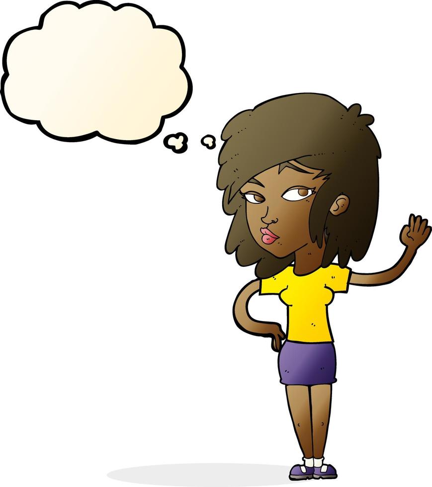 cartoon pretty woman waving with thought bubble vector